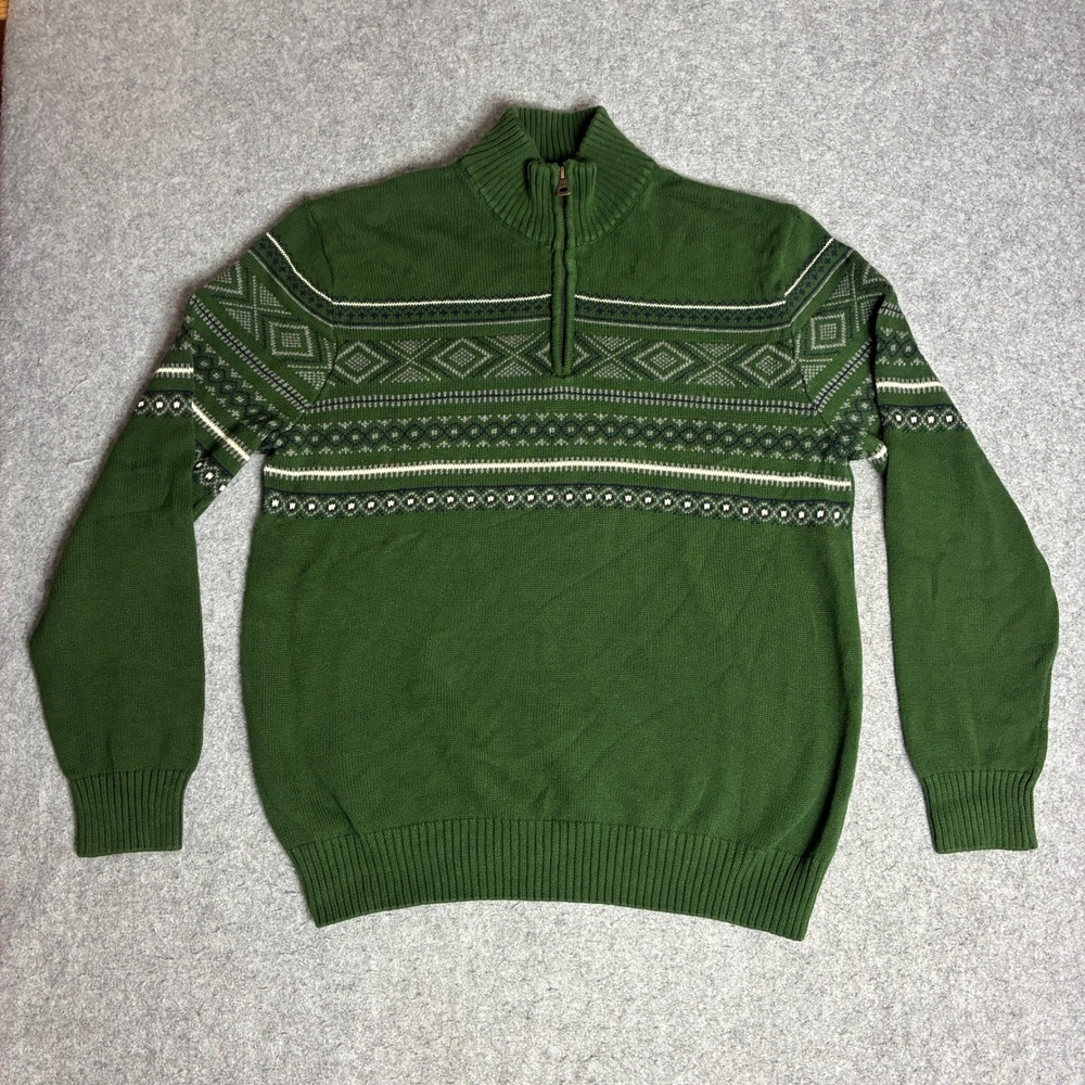 Weatherproof Vintage Quarter Zip Sweater Mens L Green Excellent Fair Isle Cotton